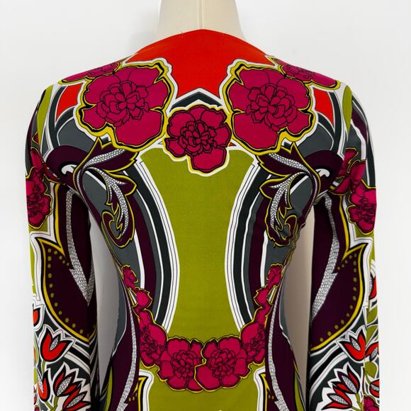 Hale Bob Lotus Stretch Jersey Shift Mini Dress Long Bell Sleeves Retro Floral XS - Picture 9 of 12